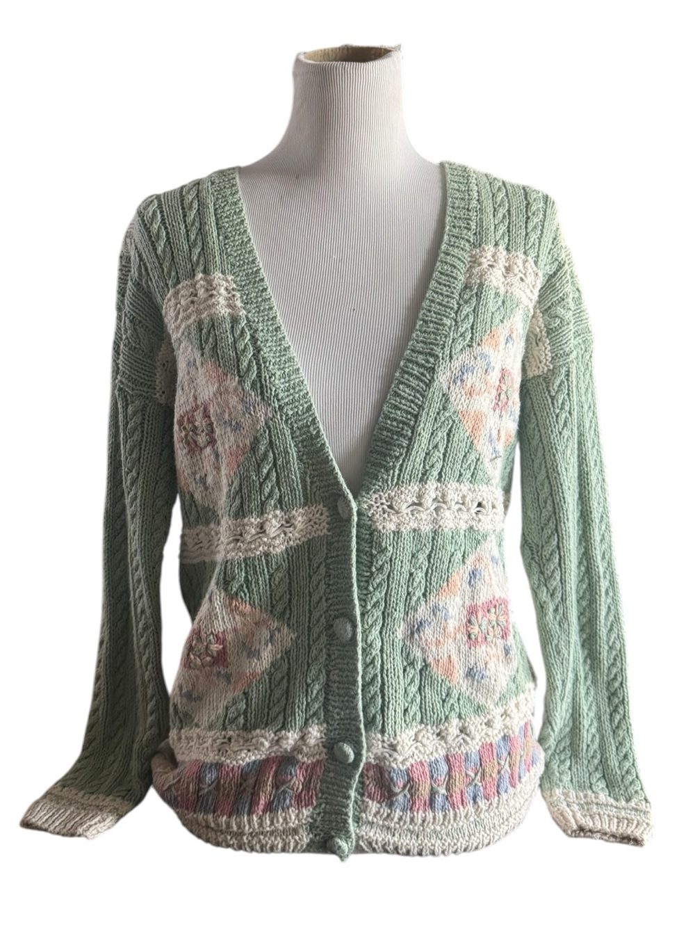 Michelle Stuart Mint Green Cable Knit Cardigan with Cream Size M